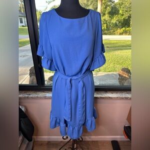 Joseph Ribkoff Blue Ruffled Sleeves and Hem Knee length Tie Waist Dress Size 10